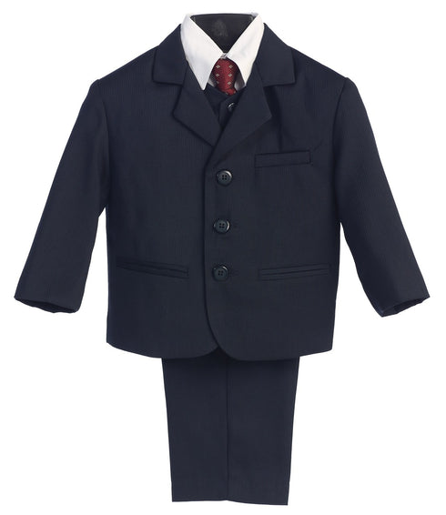 Little Boys Navy Pin-Striped Jacket Vest Necktie Shirt Pant 5 Pc Suit 2-7 - SophiasStyle.com